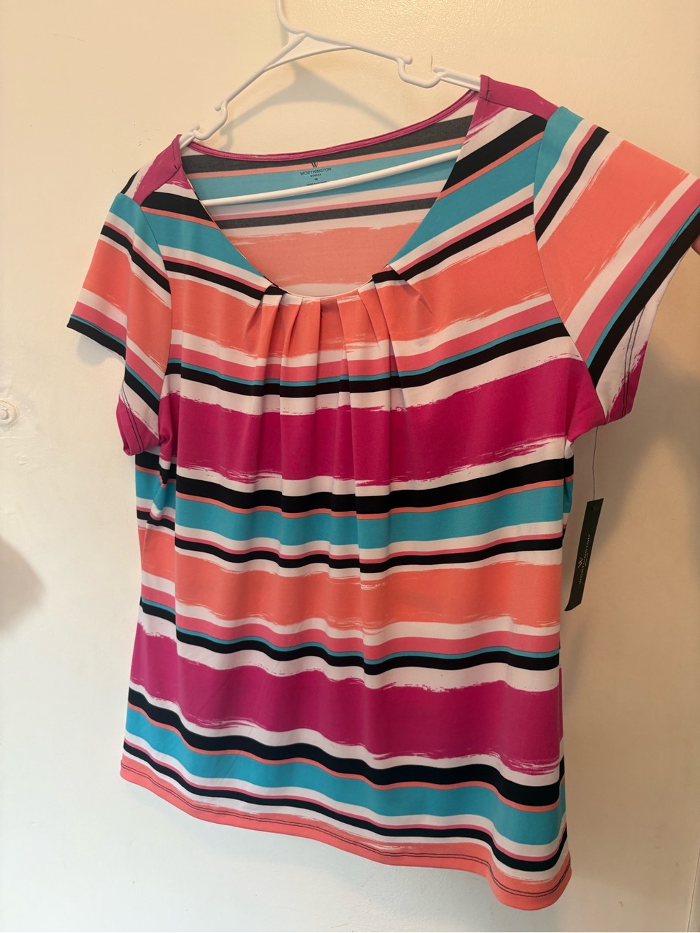 Worthington Striped Short Sleeve Tee in Coral, Fuchsia & Teal